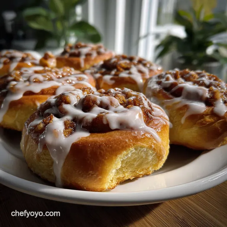 Fluffy cinnamon roll, expertly frosted, artfully plated with a dusting of cinnamon and a sprig of mint, elegant touch.