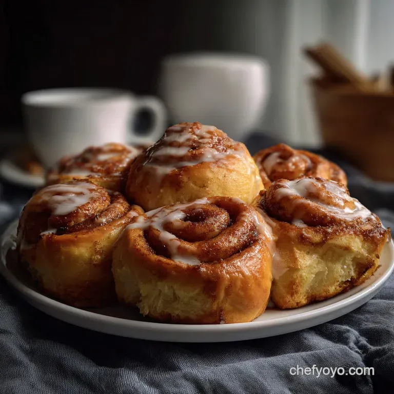 Warm, golden cinnamon rolls drizzled with creamy white icing, arranged on a rustic wooden board, inviting aroma of cinnamon.