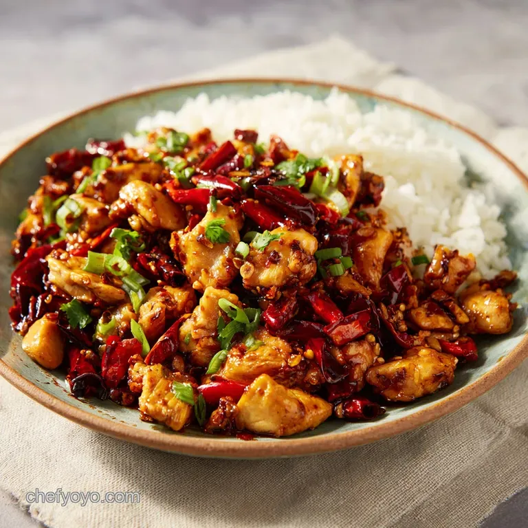 Glossy Kung Pao chicken artfully arranged on a plate, garnished with peanuts, showcasing the rich sauce and vibrant colors.