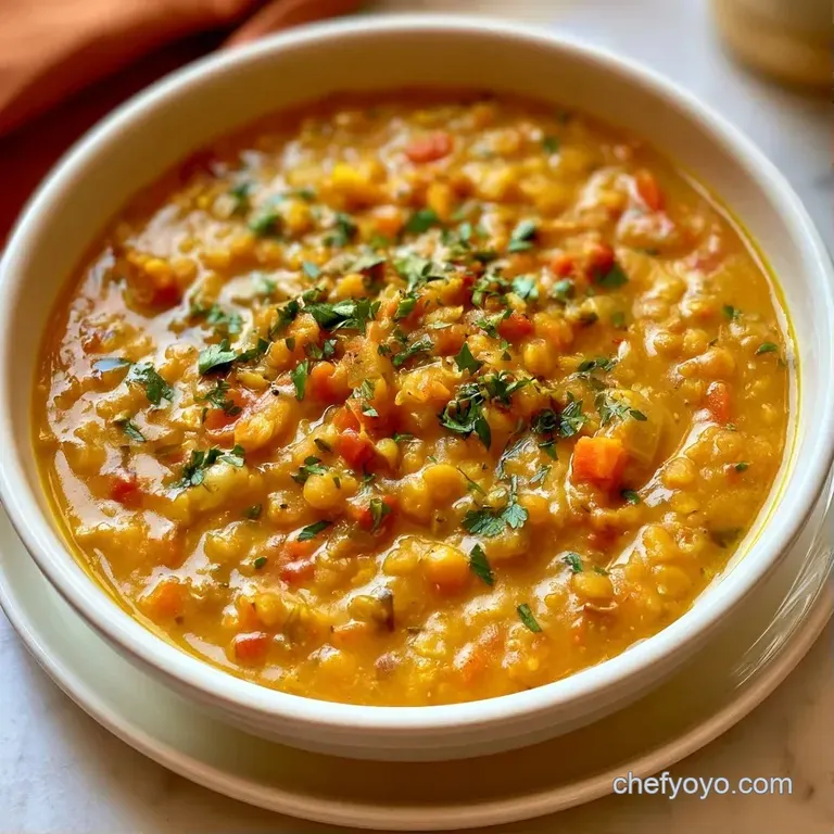 Golden-yellow lentil stew served in a ceramic bowl alongside fluffy basmati rice and toasted, charred garlic naan.