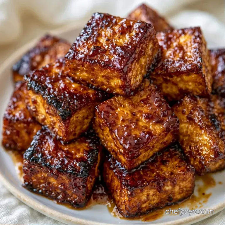 Seared tofu cubes stacked neatly over steamed bok choy, drizzled with a dark savory sauce and sliced scallions.