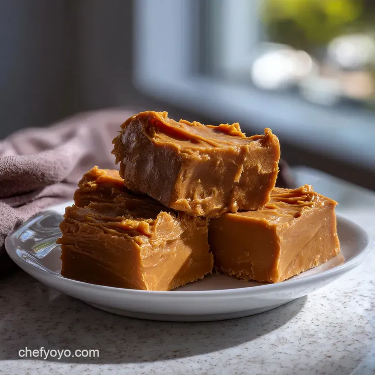 Smooth, glossy squares of rich, dark fudge arranged artfully on a white plate. Slight imperfections reveal its creamy, mel...