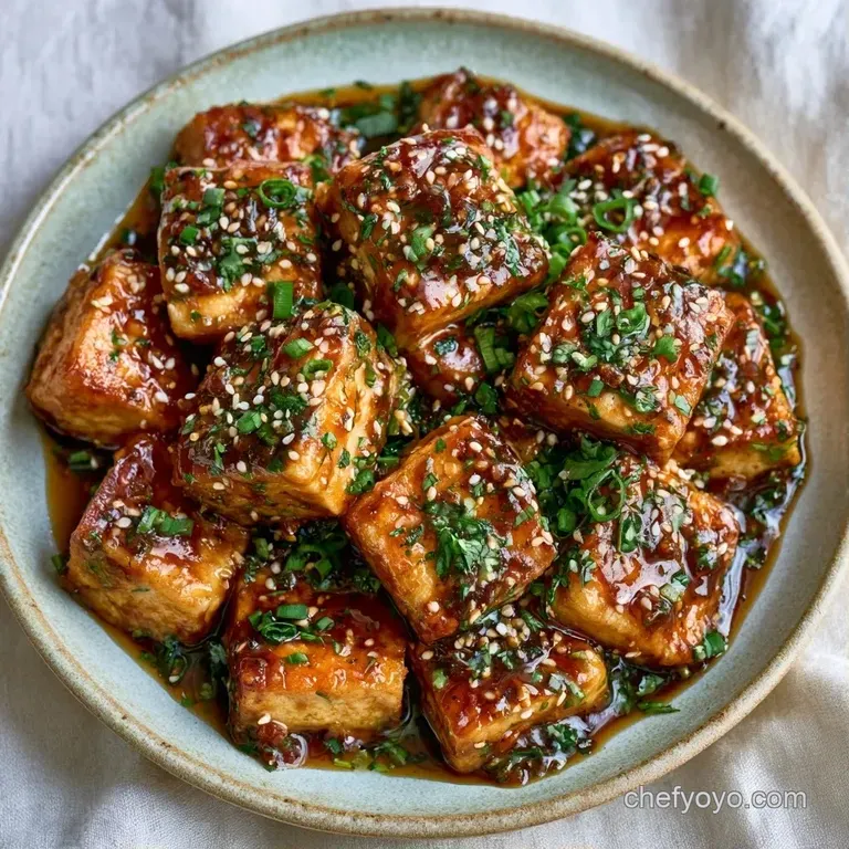 Glazed tofu cubes arranged neatly on a dark slate platter, garnished with vibrant green scallions and seeds.