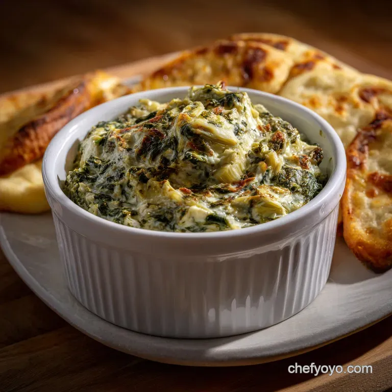 Elegant serving of spinach artichoke dip, artfully arranged on a white plate with fresh, vibrant green herbs and toasted b...
