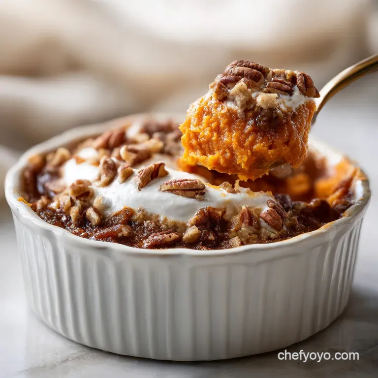 A dollop of creamy sweet potato casserole with a crisp pecan streusel topping, artfully plated.