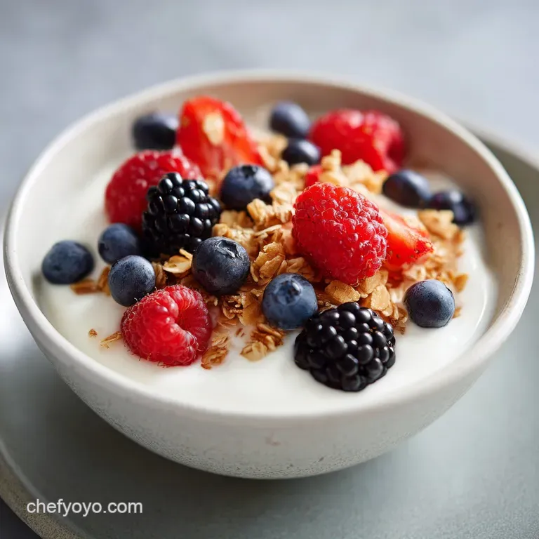 An artfully arranged yogurt bowl with layers of creamy yogurt, crunchy granola, colorful fruit, and a delicate honey swirl.