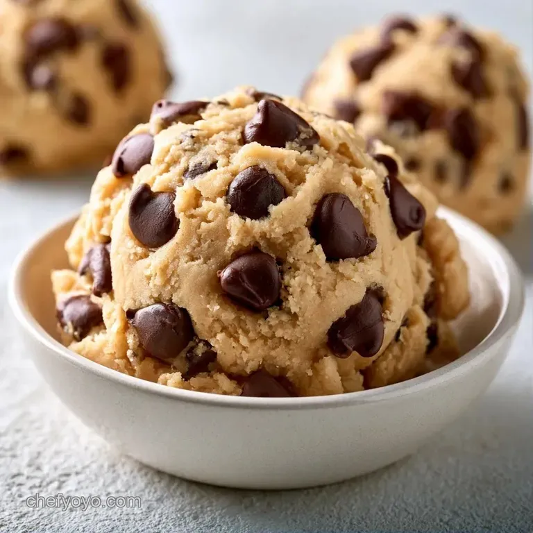 A neat scoop of creamy, tan-colored dough on a ceramic plate, accented by dark chocolate chips and a silver spoon.