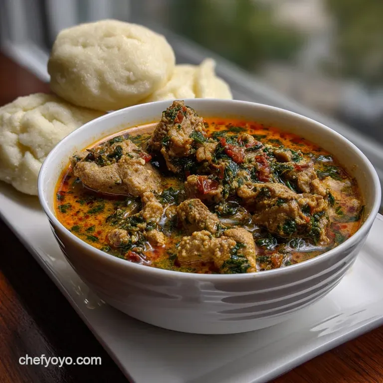 Creamy egusi soup artfully plated, featuring a dark green swirl of greens. Fufu sits to the side, a smooth, textured contr...