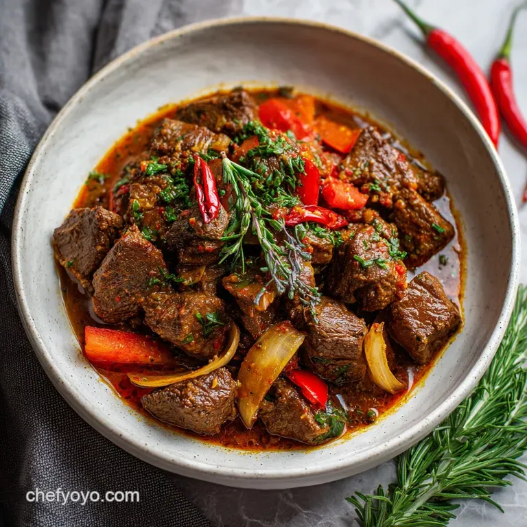 Steaming bowl of vibrant, spiced beef goulash. Tender beef chunks shimmer, inviting you to savor the warm, earthy aromas. ...