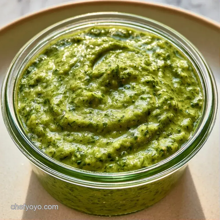 Bright green condiment in a clear jar surrounded by fresh lime slices and sliced peppers on a white marble slab.