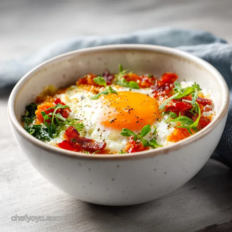 A perfectly poached egg with a runny yolk crowns a colorful medley of roasted vegetables and greens.