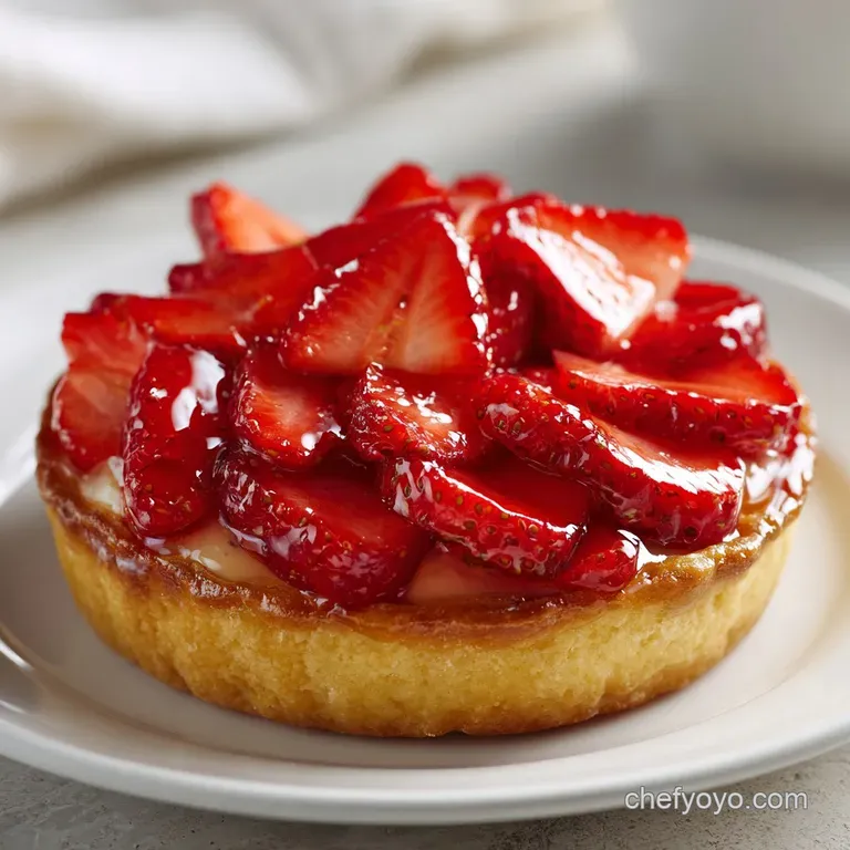 A single slice of buttery tart on a white ceramic plate, topped with glossy berries and a tiny mint leaf.