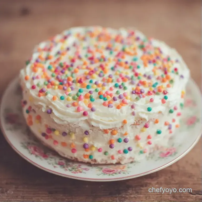 Neatly sliced rainbow cake on a marble platter, decorated with tiny sugar pearls and vibrant dots of buttercream.