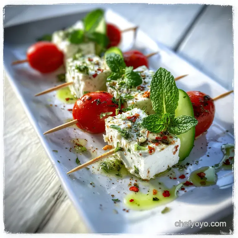 Elegant feta and cucumber skewers artfully arranged on a plate, drizzled with oil, bright with herbs, ready to eat.