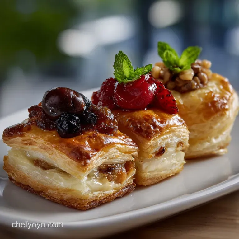 Golden-brown, flaky pastries arranged on a rustic wooden board, garnished with fresh herbs, offering a delightful visual t...