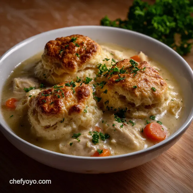 Creamy, ivory-colored dumplings and tender chicken, garnished with fresh herbs, in a rustic, inviting bowl. Biscuits sit b...