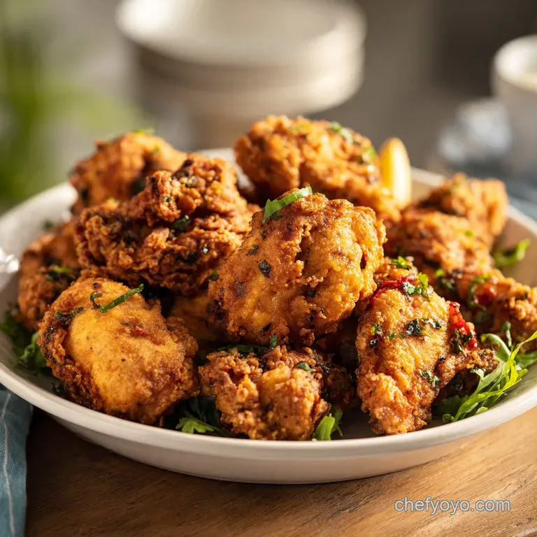 Perfectly fried chicken, golden and crisp, on a plate with vibrant green collard greens. Southern comfort, elevated.