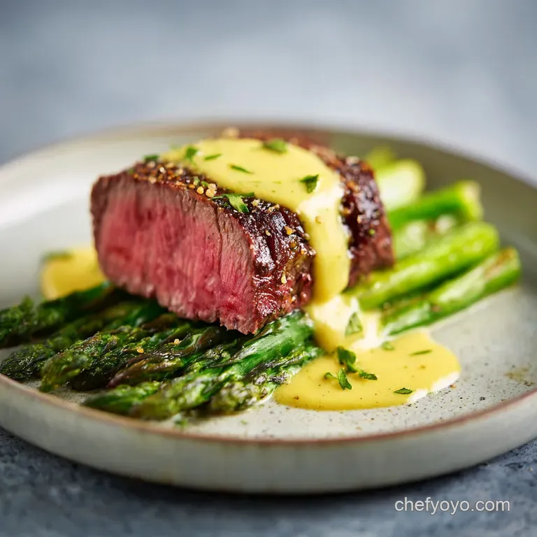 Creamy, pale yellow b&eacute;arnaise drizzled artfully over tender asparagus spears arranged on a white plate; a refined composit...