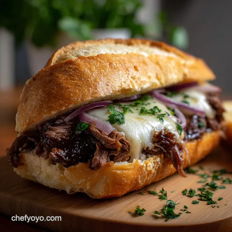 Elegant plate featuring a perfectly sliced French dip sandwich, showcasing the tender beef and crusty bread, drizzled with...