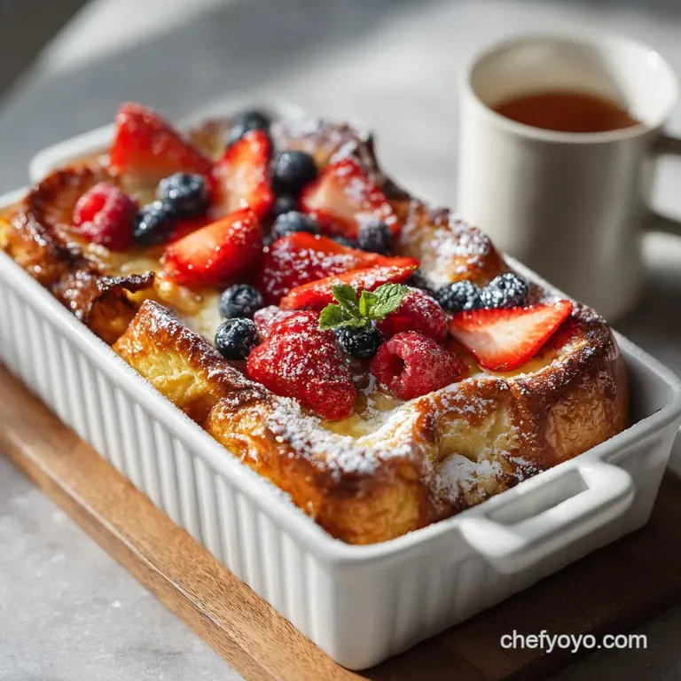 Slice of warm French toast bake dusted with powdered sugar, garnished with fresh raspberries and mint on a white plate.
