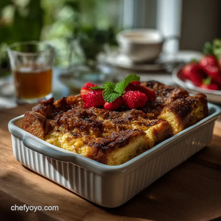 Slice of warm French toast casserole on a white plate. Drizzled with syrup, topped with whipped cream and fresh raspberries.
