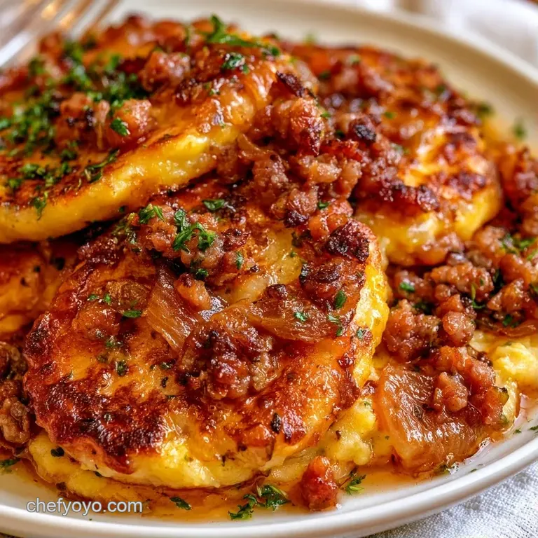 Neatly stacked golden polenta cakes topped with seared beef and a drizzle of herb-infused oil on a white platter.