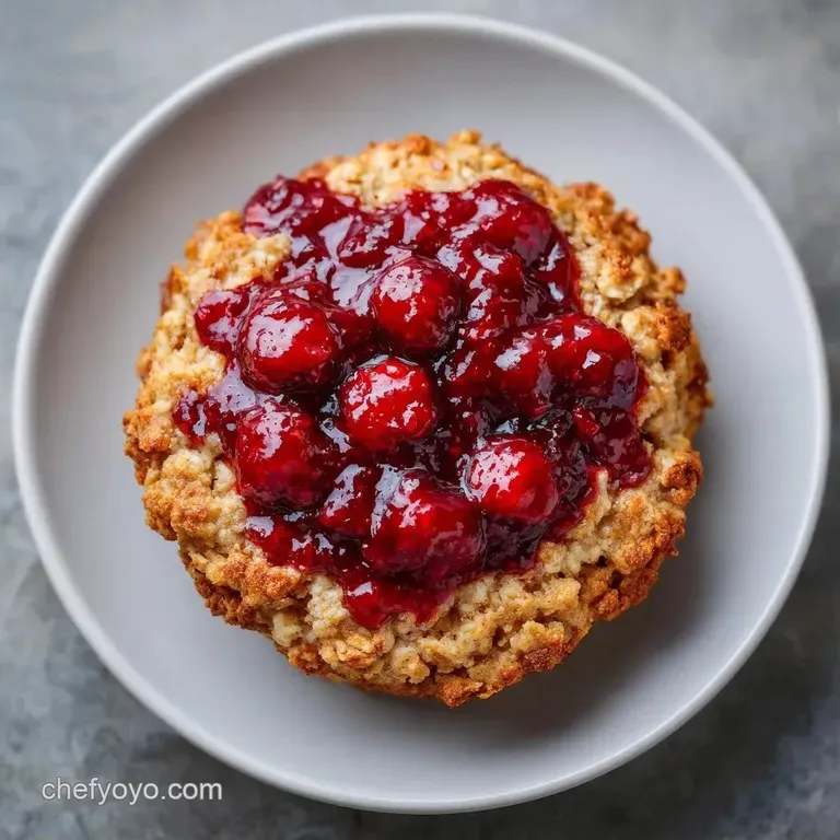 A square slice of warm oat cake topped with fresh berries and a drizzle of glistening maple syrup on a white plate.