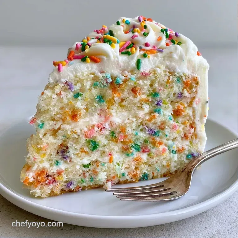 Small round cakes topped with swirls of cream and rainbow dots, arranged neatly on a modern pastel ceramic plate.
