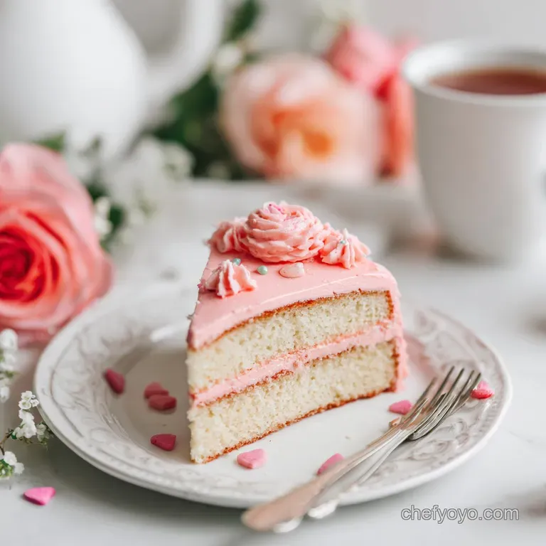 Slice of tender cake with layers of pink frosting. Berry garnish adds freshness to the rich dessert plate.
