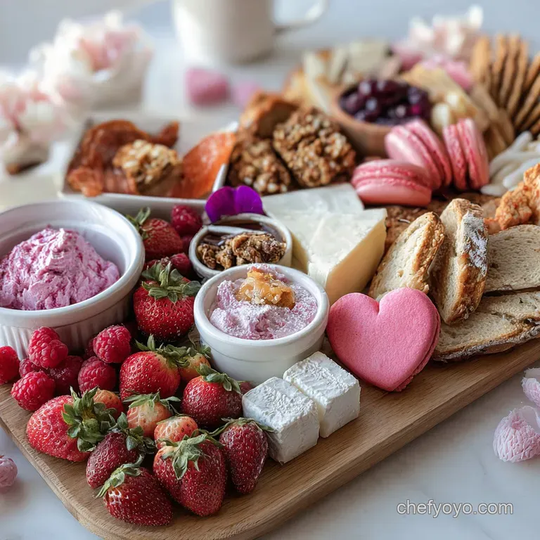 Elegant Galentine's plate: a frosted sugar cookie, pink macarons, chocolate truffles, and fresh raspberries on a gold char...