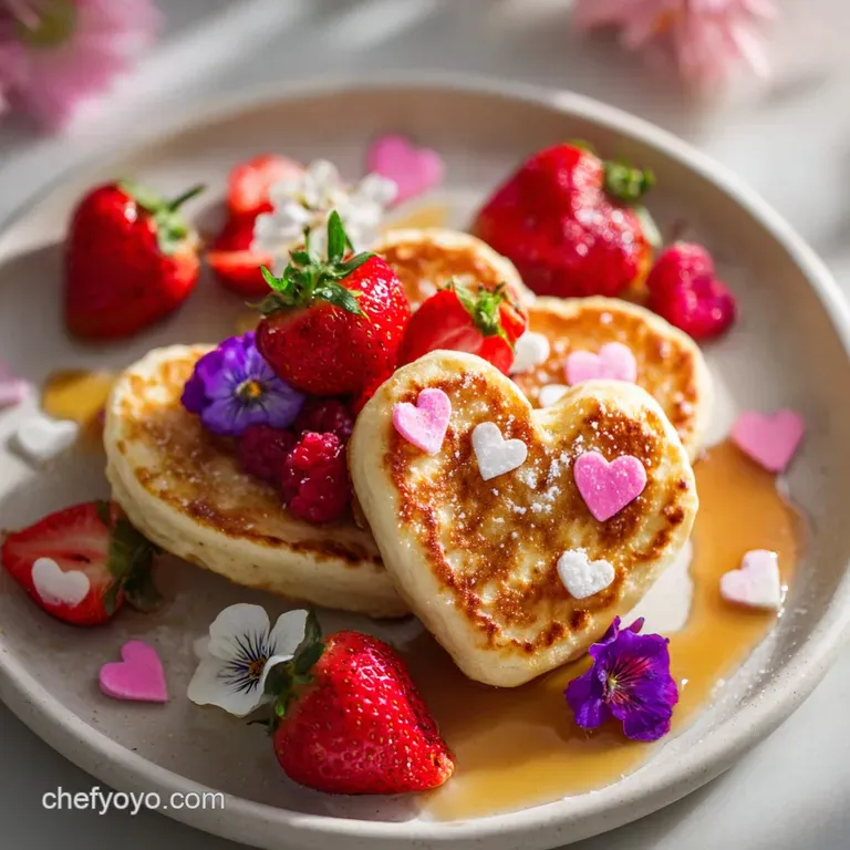 Elegant brunch plate with stacked heart pancakes, vibrant berries, whipped cream dollop, and a delicate dusting of powdere...