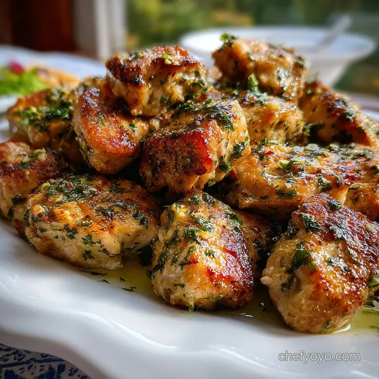 Juicy chicken bites artfully arranged on a white plate, drizzled with a creamy, vibrant sauce, garnished with fresh parsley.