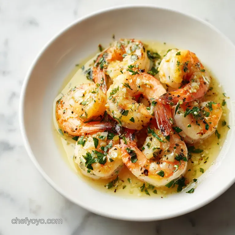 A swirl of pasta topped with plump, seared shrimp, garnished with fresh parsley and a lemon wedge.