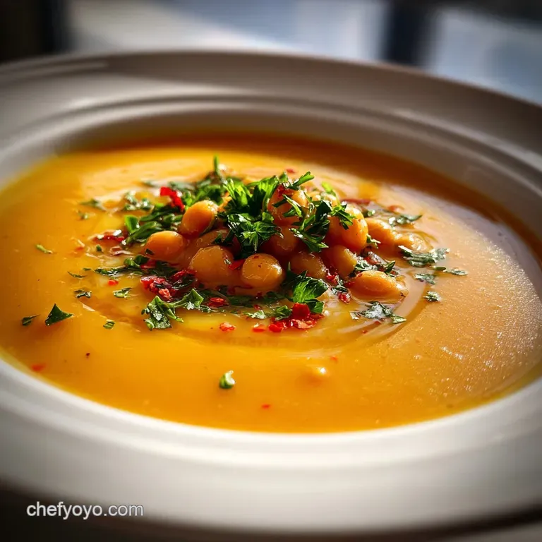 Creamy chickpea soup in a shallow bowl, drizzled with olive oil and sprinkled with fresh parsley. Crusty bread on the side.
