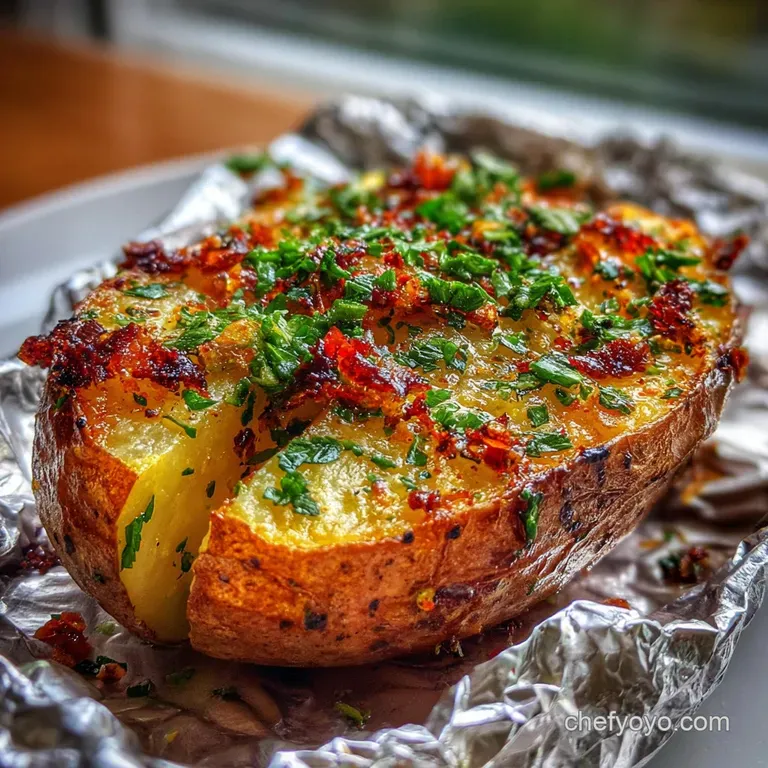 Perfectly baked potato, sliced open to show its steamy, fluffy core. Garnished with fresh garlic and bright green chives o...