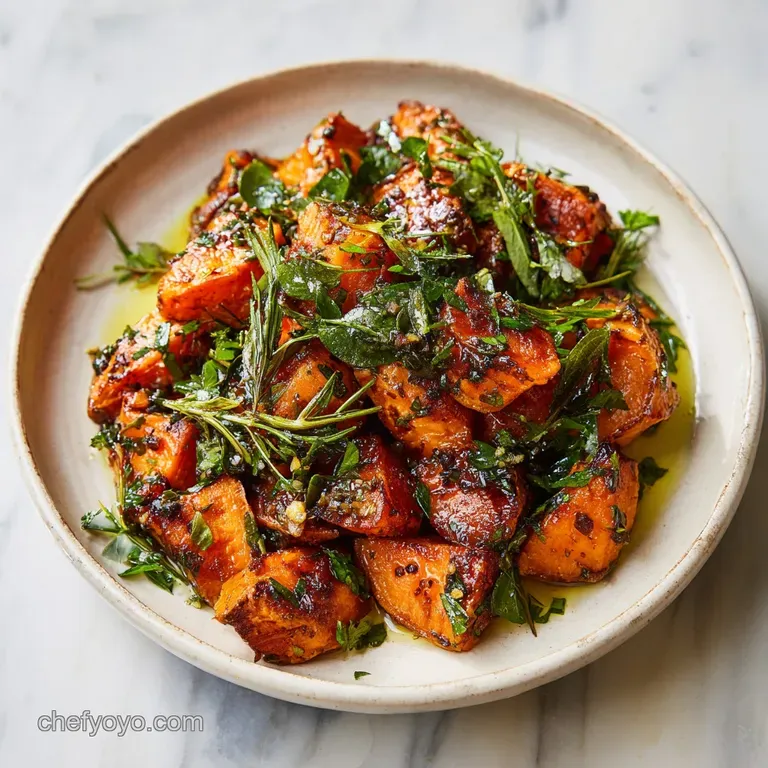 A vibrant plate of orange sweet potato, roasted and glistening with oil, alongside fragrant herbs. Rustic, comforting, and...