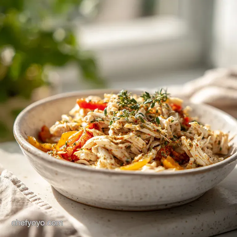 A rustic bowl overflowing with tender shredded chicken, garnished with fresh parsley sprigs and lemon.