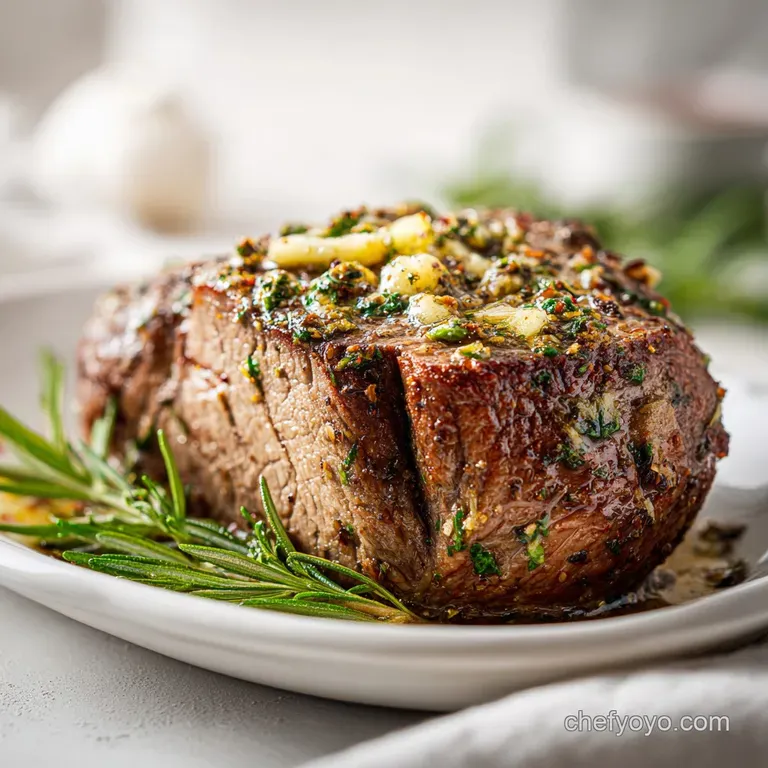 Thinly sliced sirloin roast, fanned artfully on a white plate, with a vibrant parsley garnish.