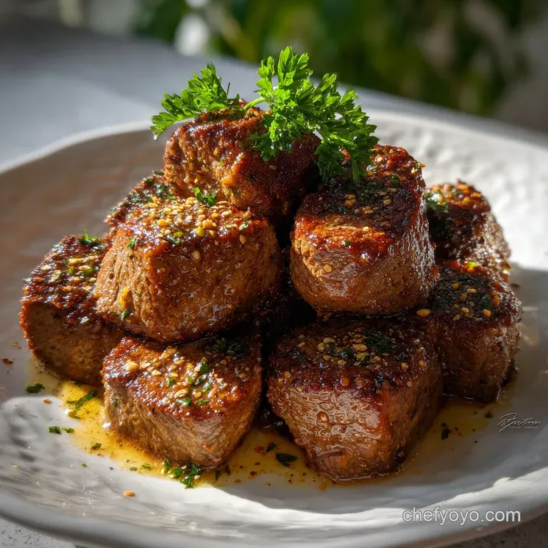 Perfectly seared steak bites arranged artfully on a white plate, alongside a small sprig of fresh, fragrant rosemary.