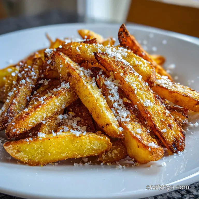 A rustic wooden board showcasing a generous mound of Parmesan-crusted steak fries with a small dish of dipping sauce.