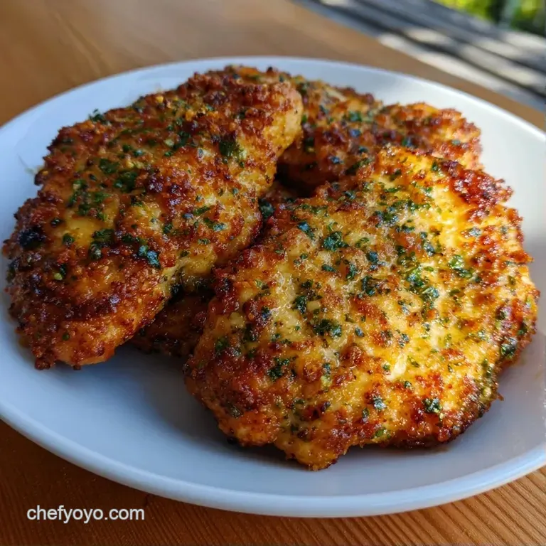 Sliced golden chicken breasts on a ceramic plate with lemon wedges and a sprinkle of bright green fresh herbs.