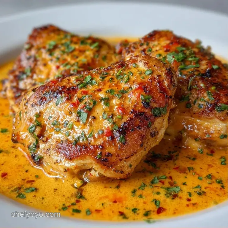 Tender chicken pieces and vibrant red peppers plated on a white dish with a sprinkle of fresh green parsley.