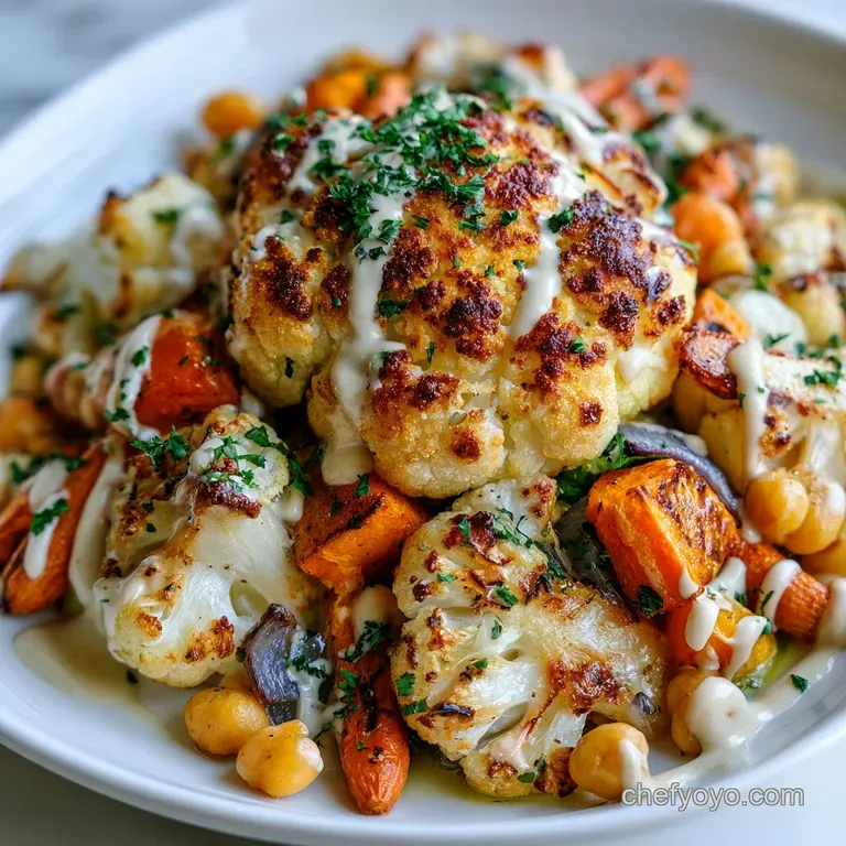 Vibrant roasted root vegetables and chickpeas in a ceramic bowl, finished with a creamy drizzle and green herbs.