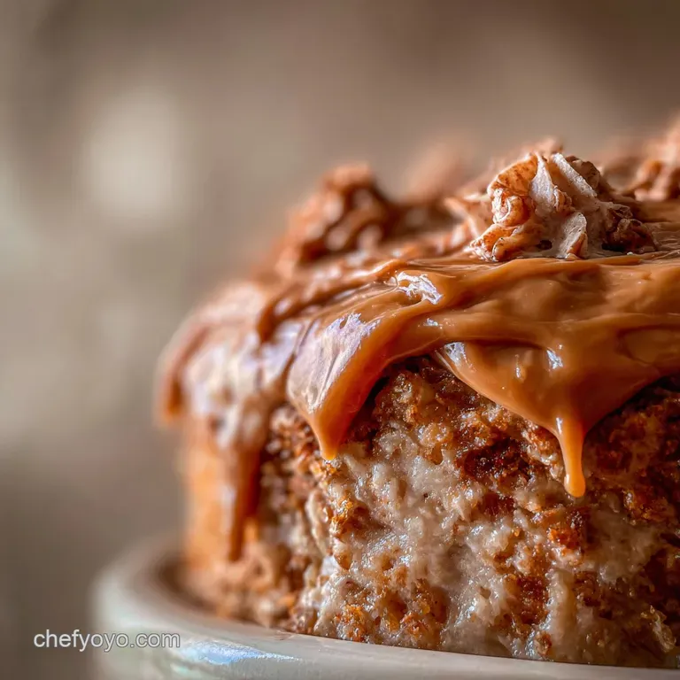 Smooth, glossy German chocolate frosting piled high, studded with flaky coconut, ready to top your favorite cake.