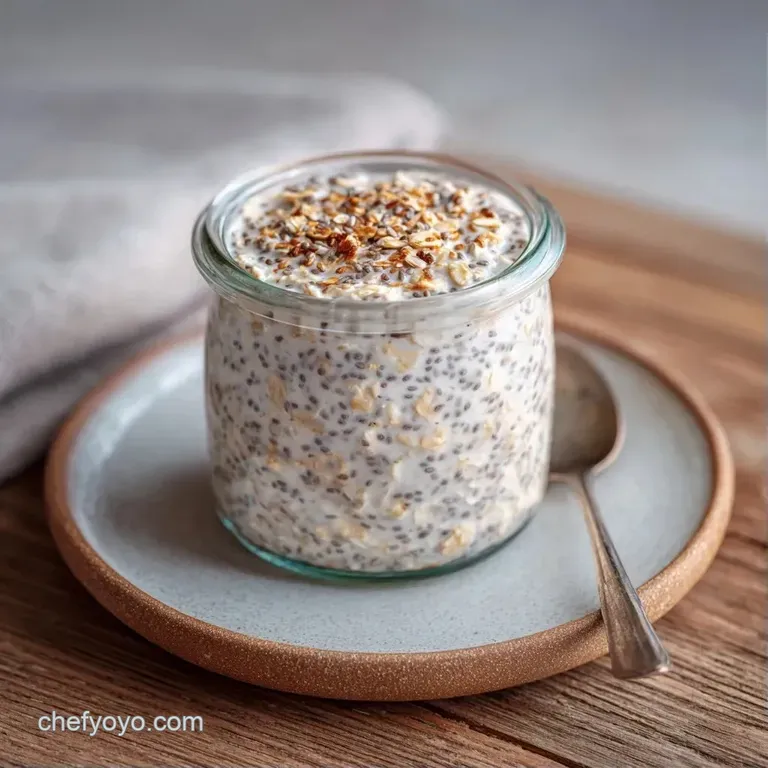A chilled glass jar filled with thick, speckled oats topped with a swirl of honey and vibrant red raspberries.