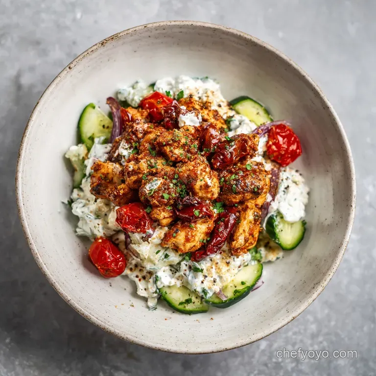 Plated Greek chicken bowl with juicy grilled chicken, bright tomatoes, crisp cucumber, and dollops of creamy tzatziki sauc...