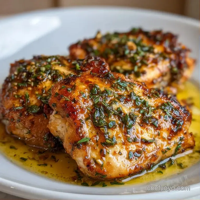 Glistening seared chicken on a white ceramic platter with kalamata olives and bright yellow lemon wedges.