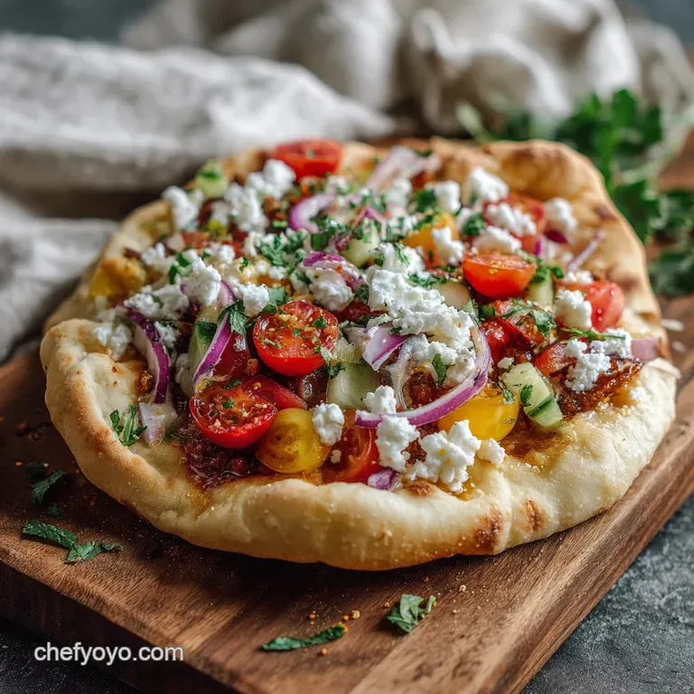 Smashed pita burger halves are stacked, revealing layers of fresh veggies and seasoned meat. Side of crisp golden fries co...