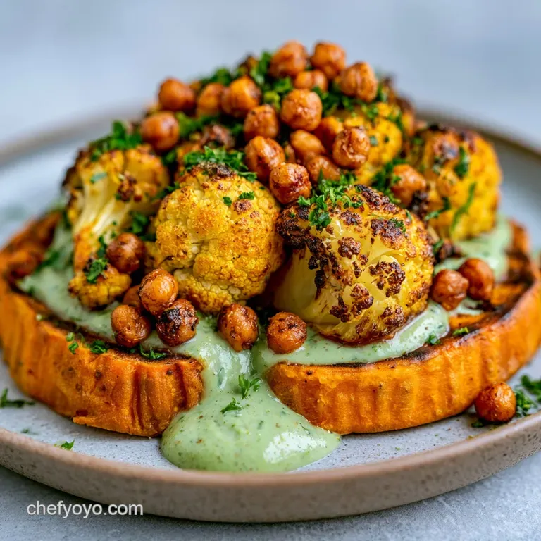 Artfully plated bowl of colorful roasted roots and bright greens drizzled with a smooth, velvety green sauce.