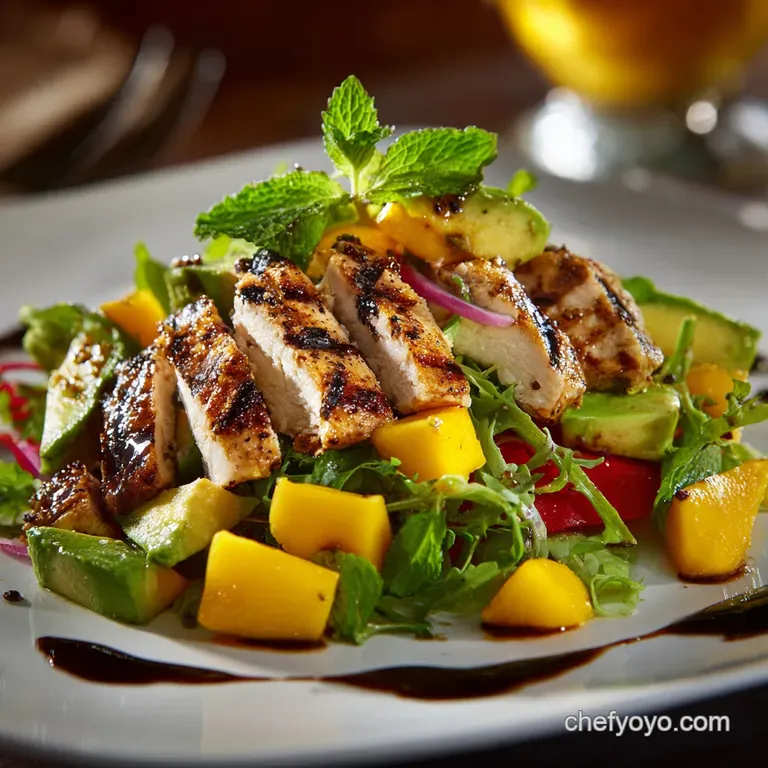 Grilled Chicken Avocado and Mango Salad: the Sunshine Salad with Zesty Lime Vinaigrette presentation